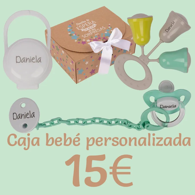 Chupete Personalizado + Caja Regalo (Chupete + Cadena + Sonajero + Portachupetes)